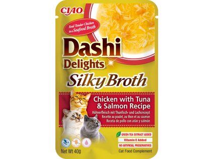 Kapsička Dashi Cat Delights Silky Broth kuře s tuňákem a lososem 40g